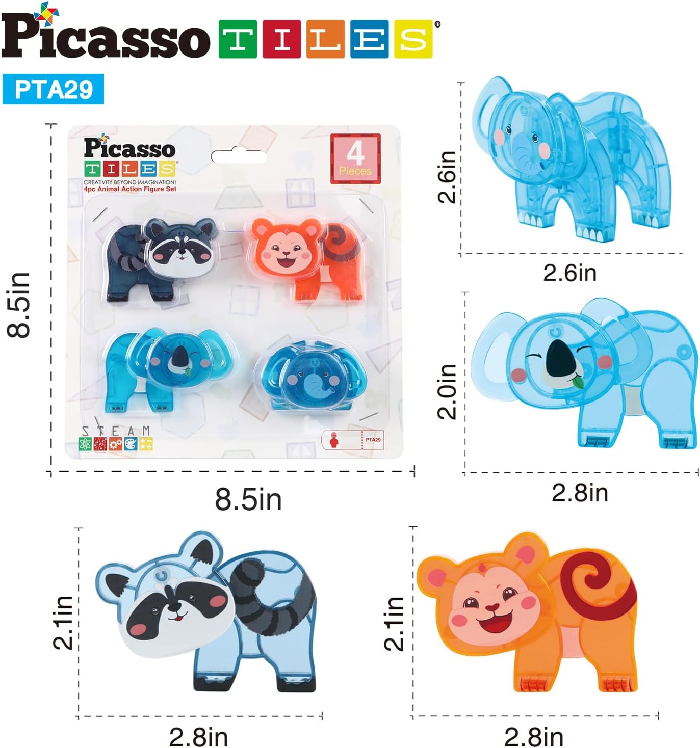 PicassoTiles Magnetic Tile Building Blocks Add On 8 Magnetized Action Figures Construction Vehicles & Zoo Animal Theme Compatible with Magnet Tiles Sets STEM Learning Toy for Boys & Girls Age 3+ PTA21