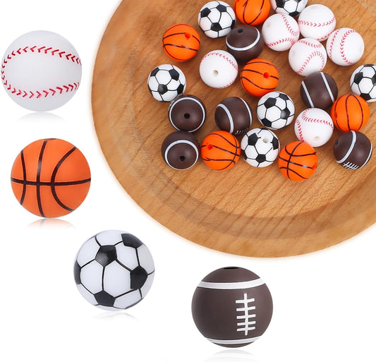 16 PCS Sports Beads, Multicolor 15mm Silicone Beads for Keychain Making Silicone Sports Bead Football Basketball Bead for Bracelet Necklace DIY Crafts Jewelry Supplies Scrapbooking