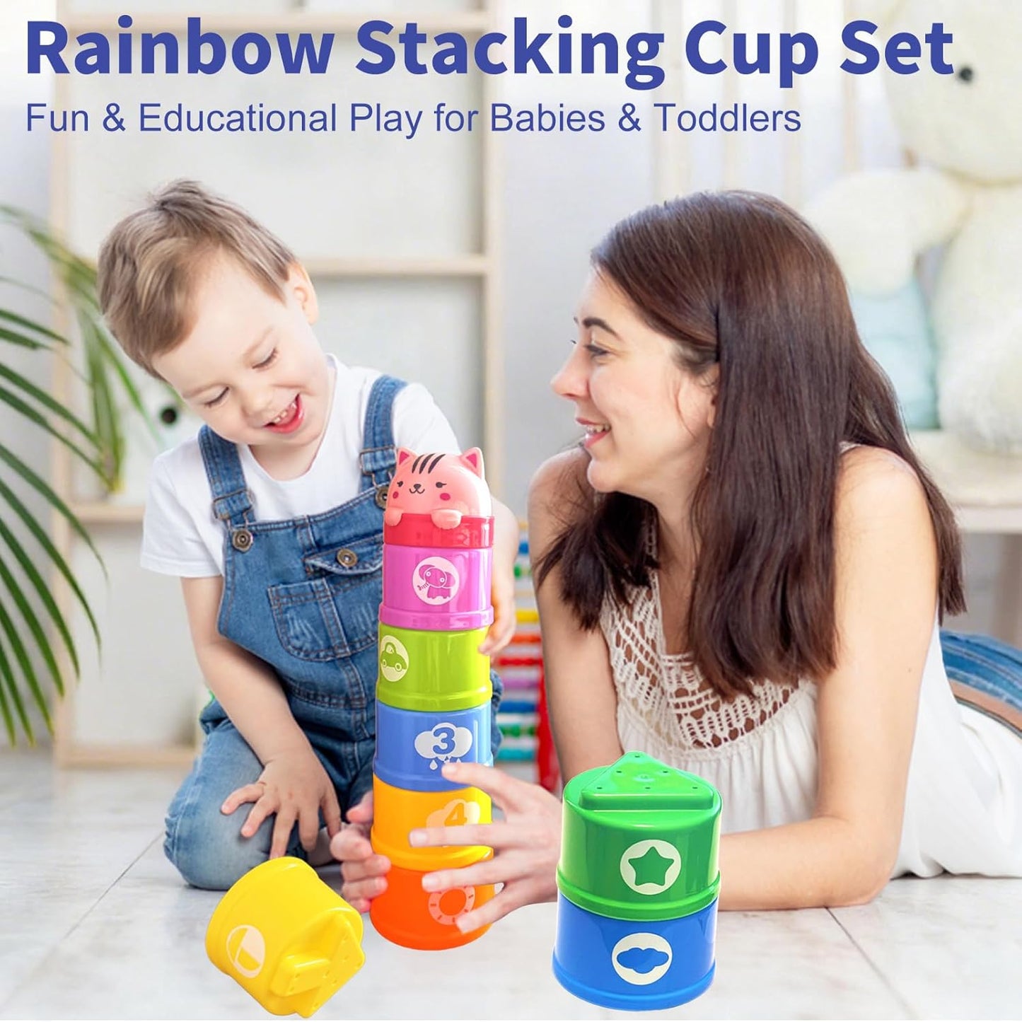 WEEJOYGAM Baby Stacking Cups, Nesting Stacking Toys for Toddlers 1-3 with Light and Sound, Montessori Toys for 1 Year Old Babies 6-12 12-18 Months Easter Gift Color Stack Bath Beach Blocks Rainbow Set