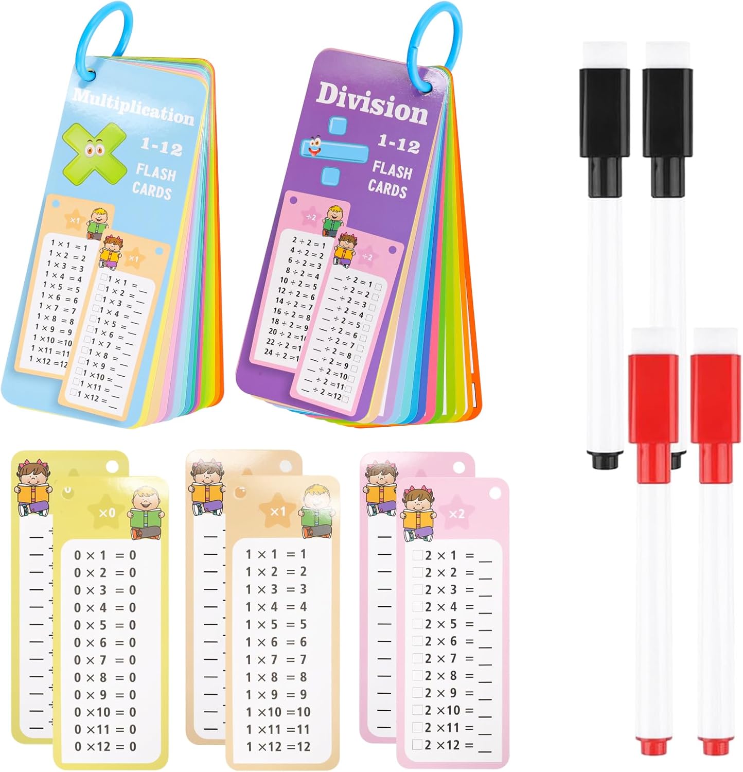 Multiplication and Division Flash Cards 30Pcs 0-12 Times Table Math Division Flash Cards with 4 Dry Erase Markers and 2 Rings for 1st to 3rd Grade Classroom Home