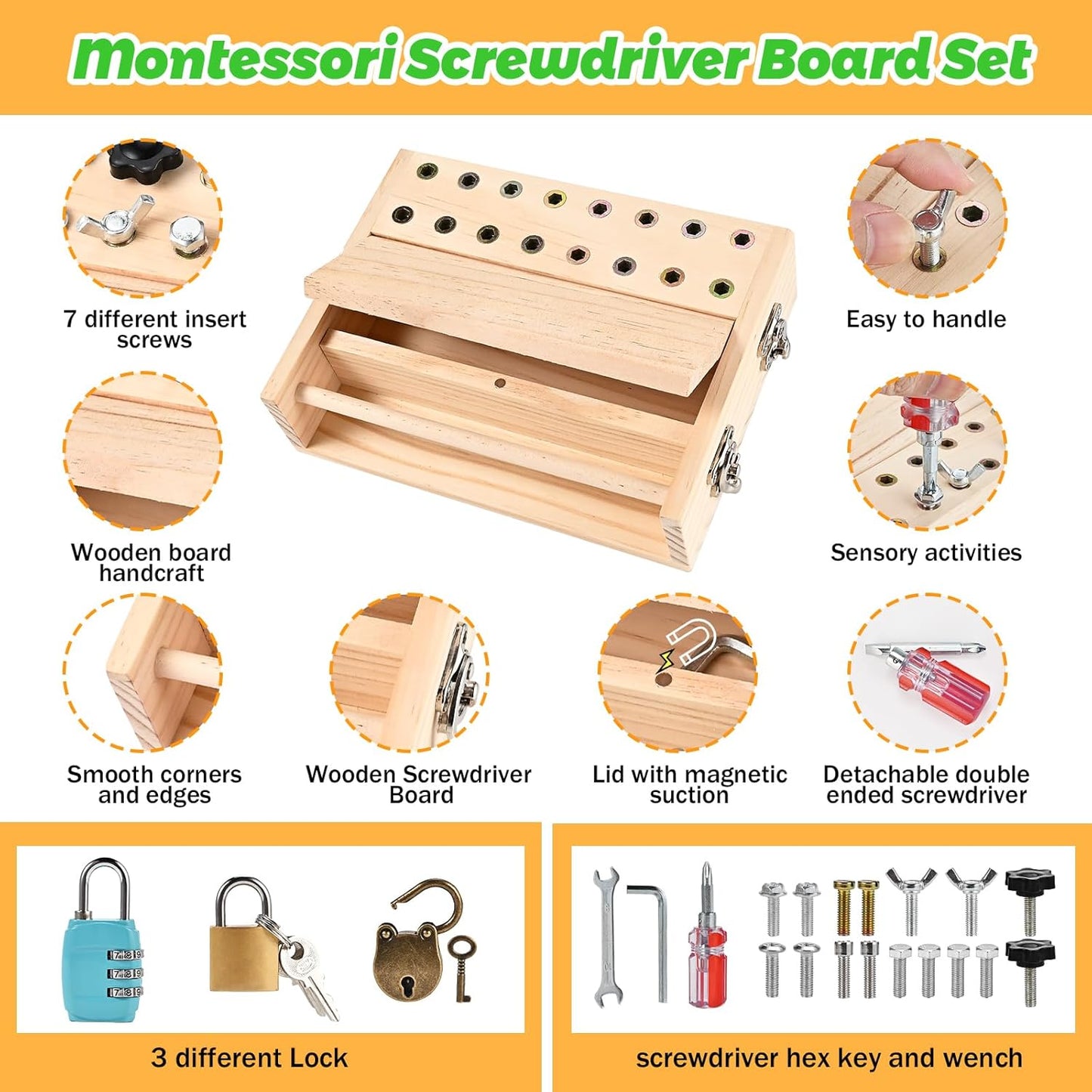 Montessori Screwdriver Board Set, Montessori Toys for 3 4 5 with 6 Locks and Keys, Toddler Screwdriver Toy, Kids Tool Set, Preschool Learning Sensory Toy, Fine Motor Skills Toys