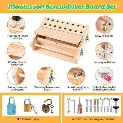 Montessori Screwdriver Board Set, Montessori Toys for 3 4 5 with 6 Locks and Keys, Toddler Screwdriver Toy, Kids Tool Set, Preschool Learning Sensory Toy, Fine Motor Skills Toys