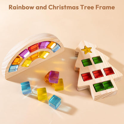 Woodtoe Wooden Building Blocks Set for Kids, 36 PCS Rainbow Acrylic Gem Blocks - 3 Wood House, Montessori Stacking Toy for Toddlers, Educational STEM Birthday Creative Toy Gift for Boys Girls 3-6