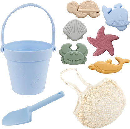 Biubee 9Pcs Silicone Sand Toys for Baby with Portable Beach Bag - Kids Beach Set with Beach Toy Molds Shovel Bucket Set - Toddler Sandbox Toys for Kids Outdoor Summer Playset
