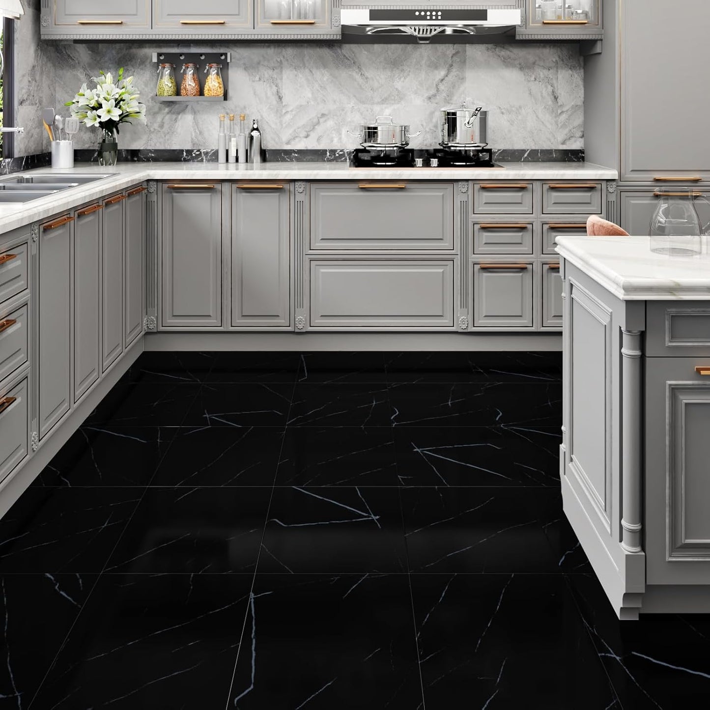 Wallercity White Marble Peel and Stick Vinyl Floor Tiles 6-Pack 12x12 Inches Self Adhesive Waterproof Flooring Planks for Bathroom Kitchen Bedrooms Stick on Floor Tiles Laminate Sheets Vinyl Flooring