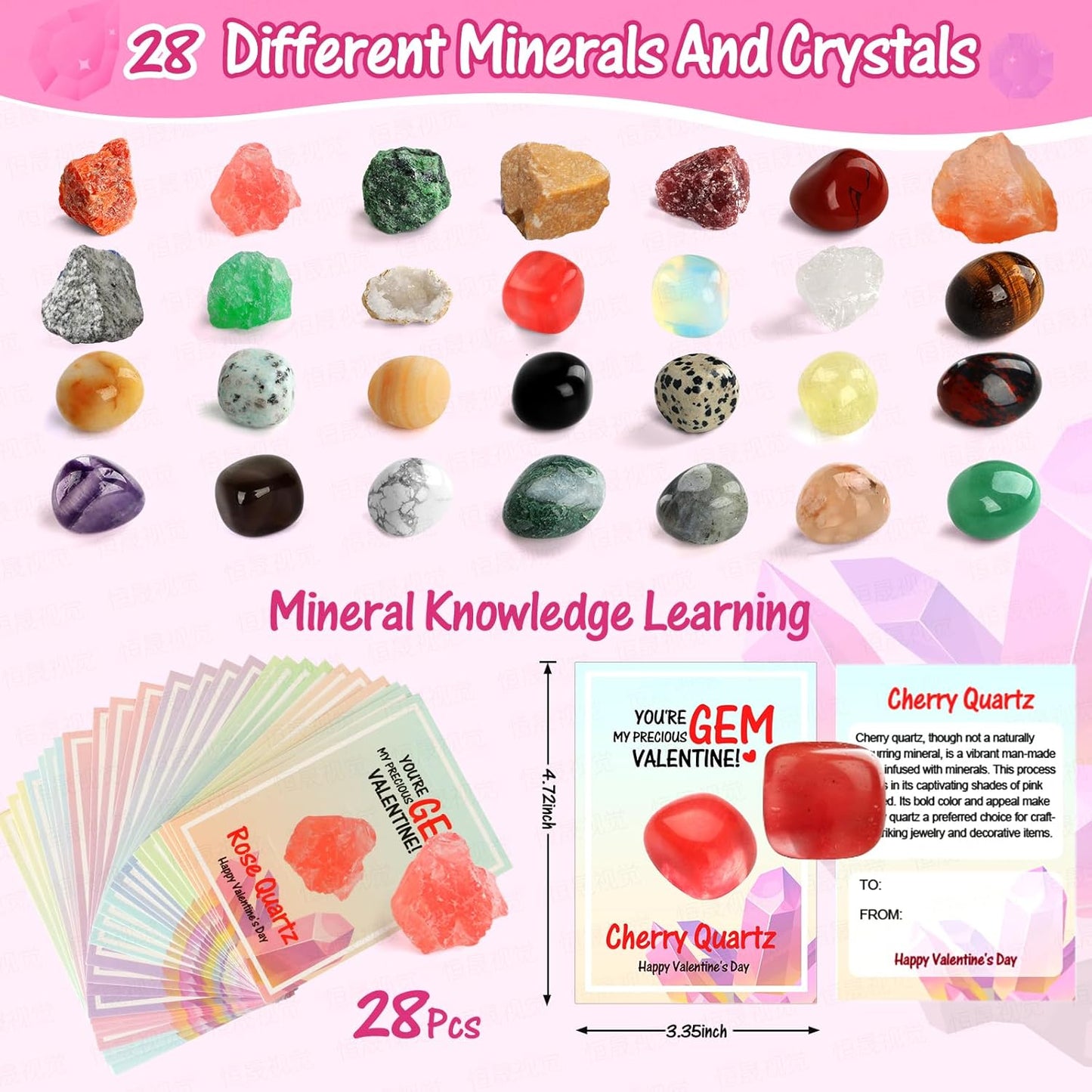 Gifts for Kids - 28 Pack Exchange Cards & Natural Gemstone Crystals Rocks Minerals Bulk,Cards for Boys Girls Classroom Party Favors