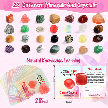 Gifts for Kids - 28 Pack Exchange Cards & Natural Gemstone Crystals Rocks Minerals Bulk,Cards for Boys Girls Classroom Party Favors