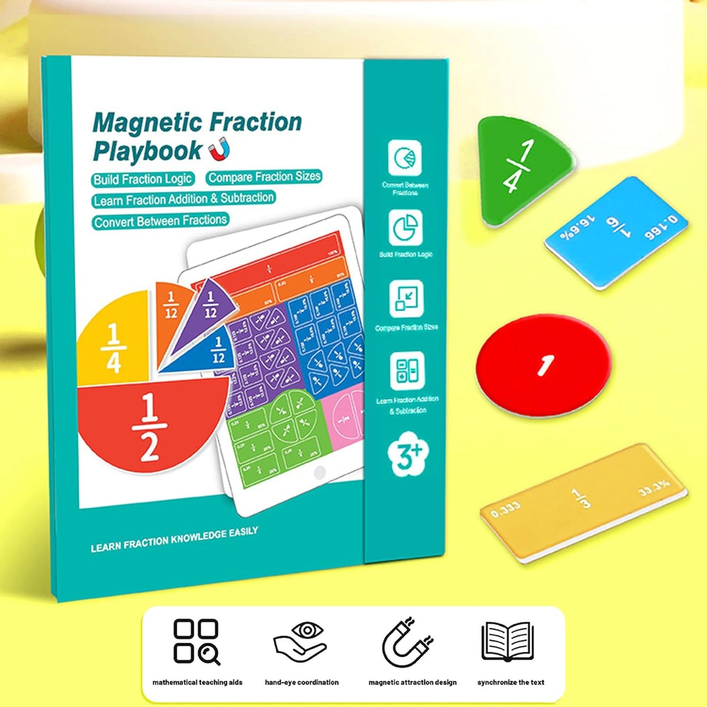 Magnetic Fraction Puzzle, 22x17.8 cm Demonstration Book with Fraction Squares and Circles, Math Manipulatives for Homeschool Classroom