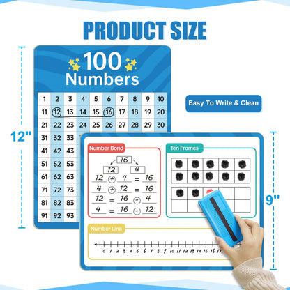 Dry Erase Number Line Whiteboard, 9" x 12" 1-100 Number Double-Sided Math Practicing Chart, Homeschool Supplies，Educational Tools for Kids Students Classroom