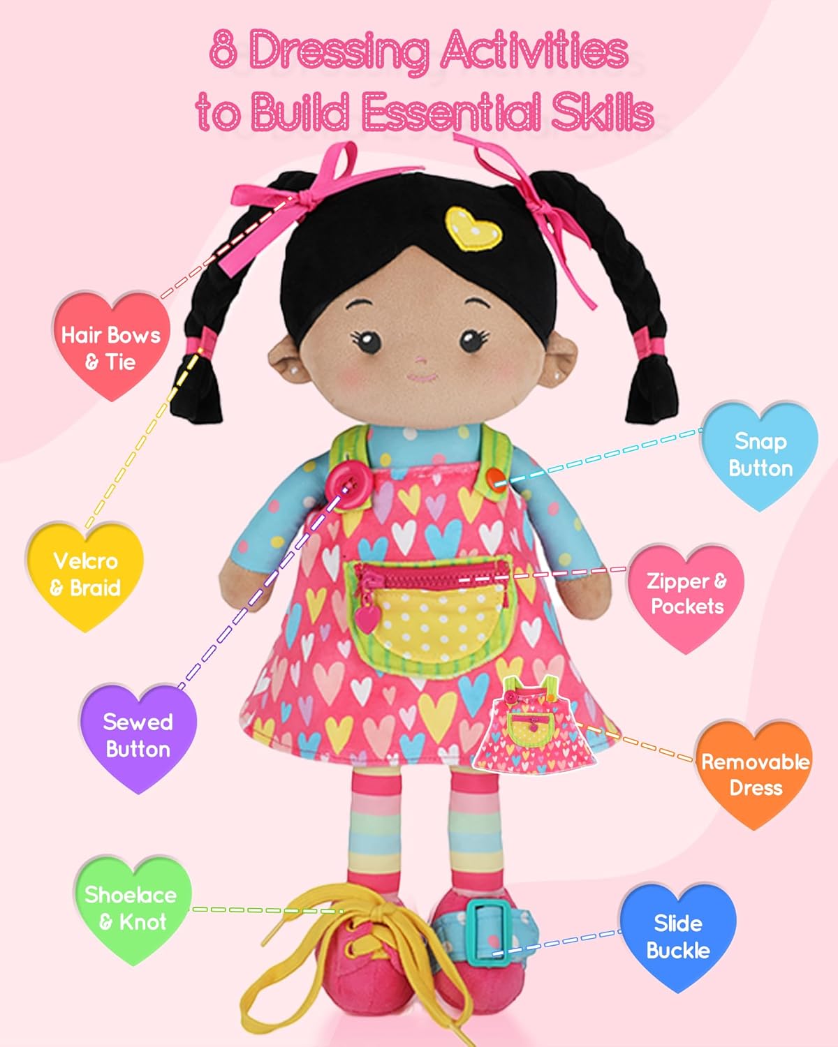 LeyaDoll Soft Bady Educational Soft Baby Doll(16''), Learning Sensory Doll for Toddlers, Montessori Toys for 2-Year-Old Girls Christmas, Birthday Gifts, Plush Doll with Button-Busy Cupcake-Girl
