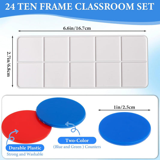 Soulchen 24 Sets Plastic Ten Frames for Classroom Math Manipulatives for Kids Classroom Math Counters Supplies Including 24 Plastic Ten Frames, 240 Counters for Teach Number Concepts (Red, Blue)