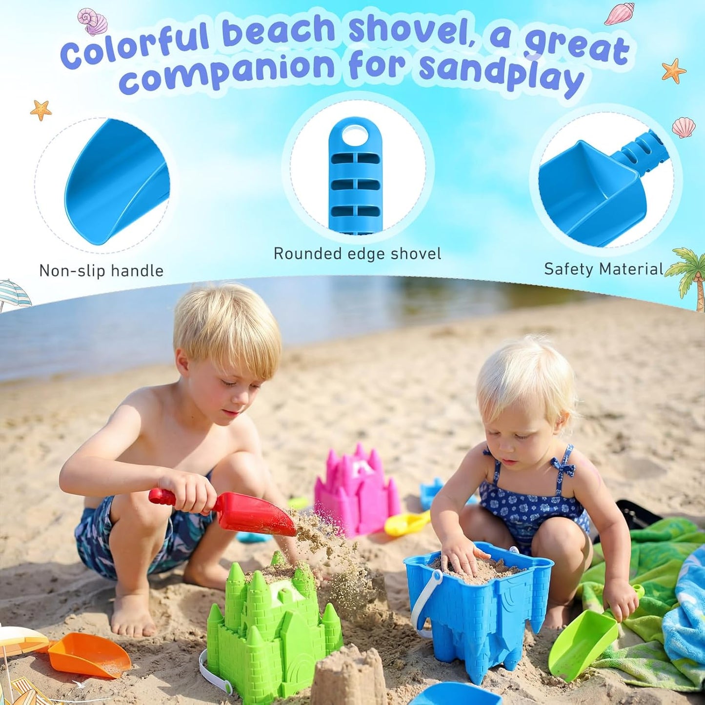 Realspring 4 Pcs Sand Castle Building Kit, 4 Sandbox Castle Molds Beach Buckets and 4 Sand Shovels Tools for Kids Summer Gift Beach Toys Toddlers Sandcastle Building Kit