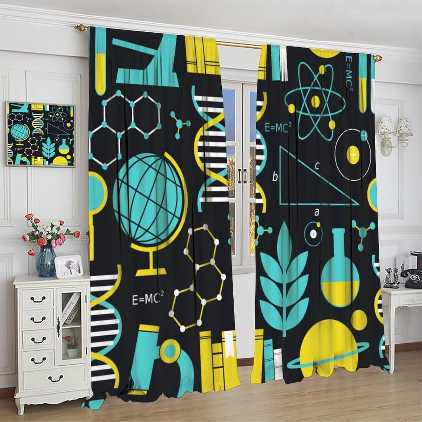 Science Physics Window Curtains, Abstract Math Chemistry Curtain Scientist Graffiti Print Window Treatments for Kids Teens Bedroom Living Room Kitchen Set 2 Panels,42x63 Inches