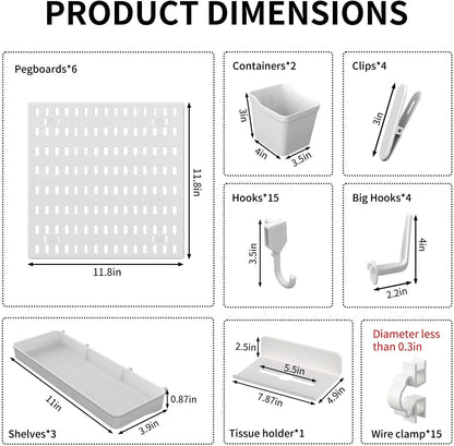 SHGJ&SOFT Peg Board Wall Organizer Panels, 22pcs - Includes 4 White Pegboards & Accessories, Plastic Pegboard for Home，Office, Craft Room, Gaming Setup, 24″×24″, Wall Mount Display Pegboard Panel Kits