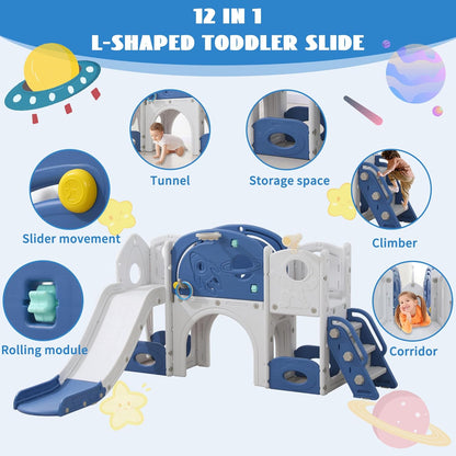 11in 1 Toddler Slide, Kid Slide for Toddlers Age 1-3 with Telescope, Basketball Hoop, and Telescope, Indoor Outdoor Playset Playground Blue Grey