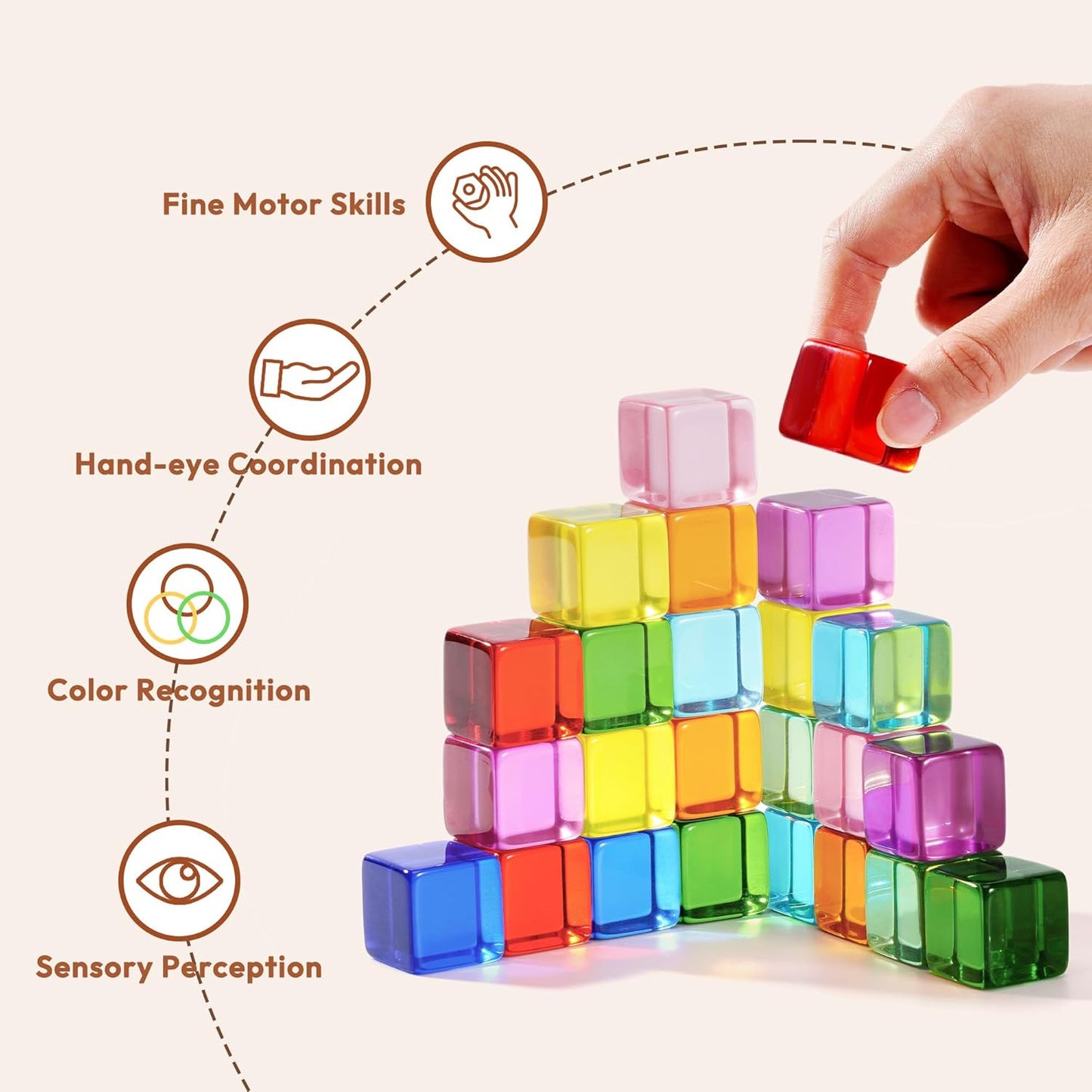 Woodtoe Wooden Building Blocks Set for Kids, 36 PCS Rainbow Acrylic Gem Blocks - 3 Wood House, Montessori Stacking Toy for Toddlers, Educational STEM Birthday Creative Toy Gift for Boys Girls 3-6