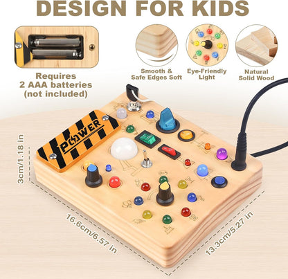 LED Busy Board for Toddlers - Montessori Sensory Toy with 10 Switches & 19 Lights, Wooden Activity Board for Fine Motor Skills, Ideal Educational Birthday Travel Toy Gift for 1 2 3 Year Old Boys Girls