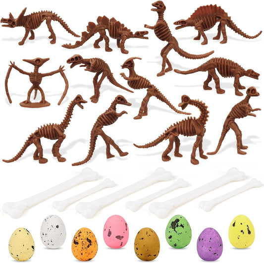 54 PCS Dinosaur Fossil Skeletons, Assorted Dinosaur Skeleton Figures with Colorful Foam Dinosaur Eggs and Plastic White Bones for Science Dino Sand Dig Party Favor Decorations (Brown)