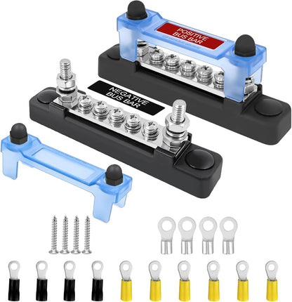 LENKRAD Ground Bus Bar 12V Marine 150A Battery Terminal Block Waterproof Power Distribution Block with 2 x M6 Post,10 x M4 Terminal Screws Negative Buss Bar for RV - 2Pcs