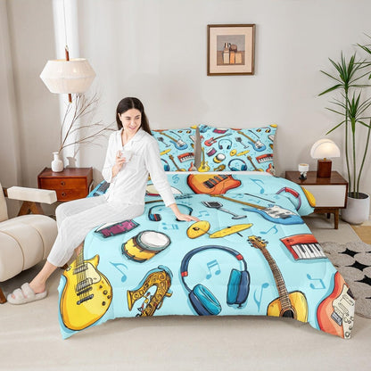 Erosebridal Drum Kit 3D Print Kids Comforter Sets Rock Music Themed Full Bedding Set for Boys Girls Musical Pattern Comforter Set,Colorful Retro Style Quilt Duvet 3 Pcs