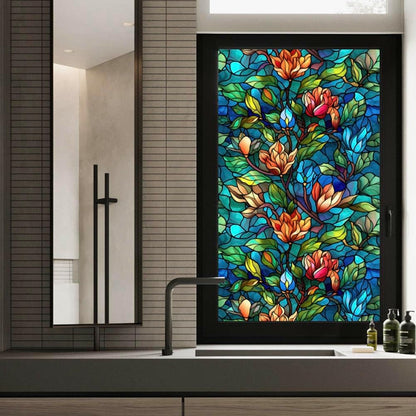 JOONOR Privacy Window Film Stained Glass Window Sticker Non-Adhesive Frosted Glass Film Decorative Magnolia Flower Pattern Static Cling Decals for Home UV Blocking/Heat Insulation 17.7 x 39.4 Inch