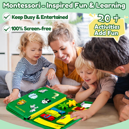 Qizfun Montessori Busy Board & Busy Book for Toddlers – Sensory & Learning Toy That Keeps Kids Busy, Travel Toy for Airplane & Car, Screen for Boys & Girls (Blue/P4)