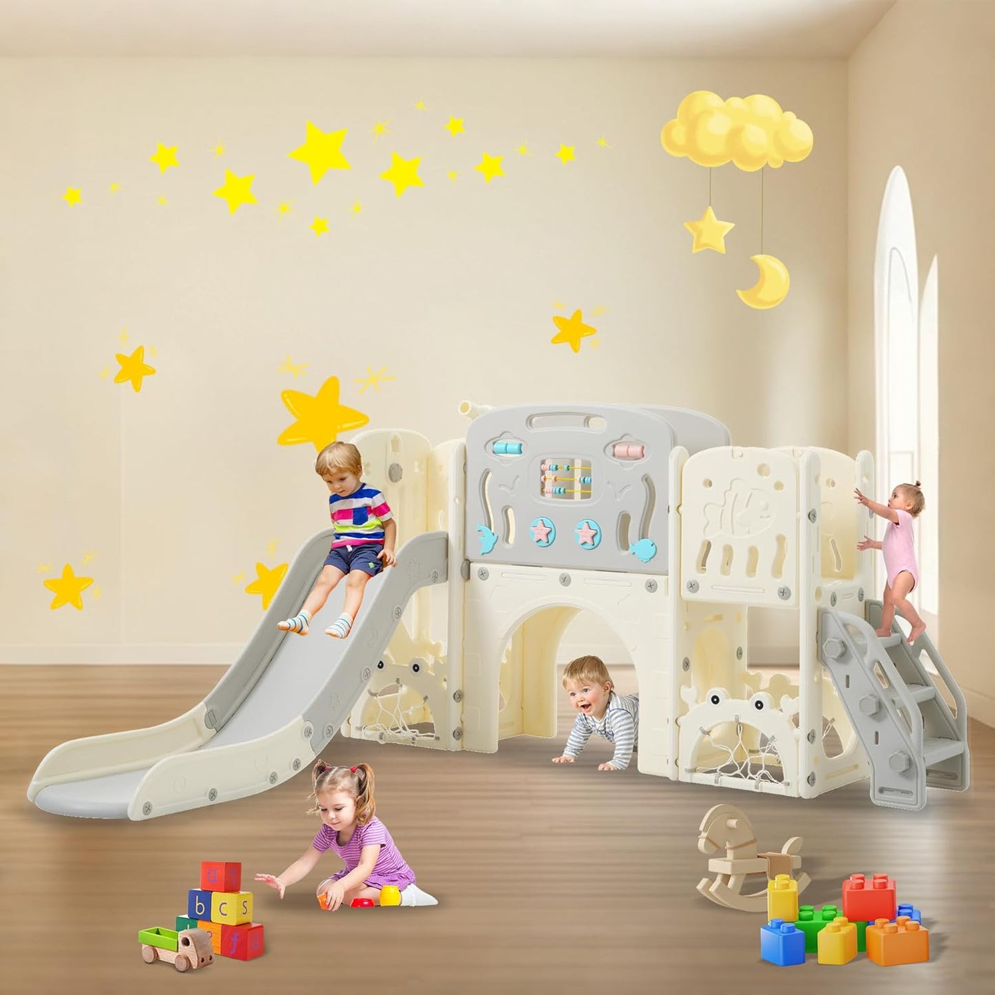 11in 1 Toddler Slide, Kid Slide for Toddlers Age 1-3 with Telescope, Basketball Hoop, and Telescope, Indoor Outdoor Playset Playground Blue Grey