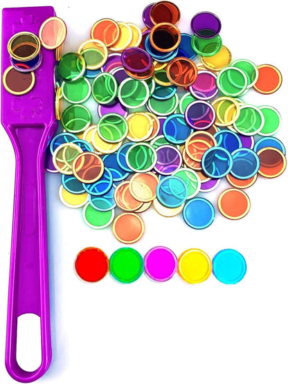Magnetic Wand & Chips Set with 100 Multicolor Bingo Chips - STEM Learning Kit for Kids, Family Game Night & School Science Activities (Green)