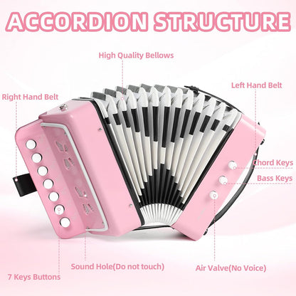 10 Keys Kids Accordion, Horse Button Accordion Toys Accordian Mini Musical Instruments Button for Child Children Kids Toddlers Beginners (Light Pink)