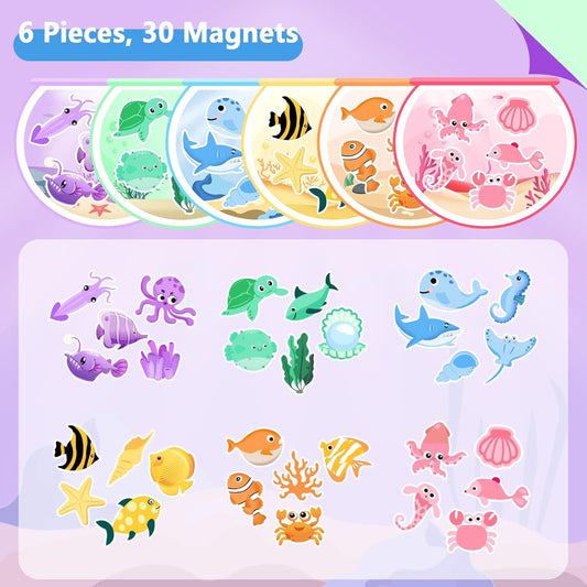 6Pack Magnetic Color & Shape Sorting Toys, Educational Ocean Animal Magnets for Toddlers & Preschool Kids, Montessori Learning Fishbowl Game for Hand-Eye Coordination, for Grandkids