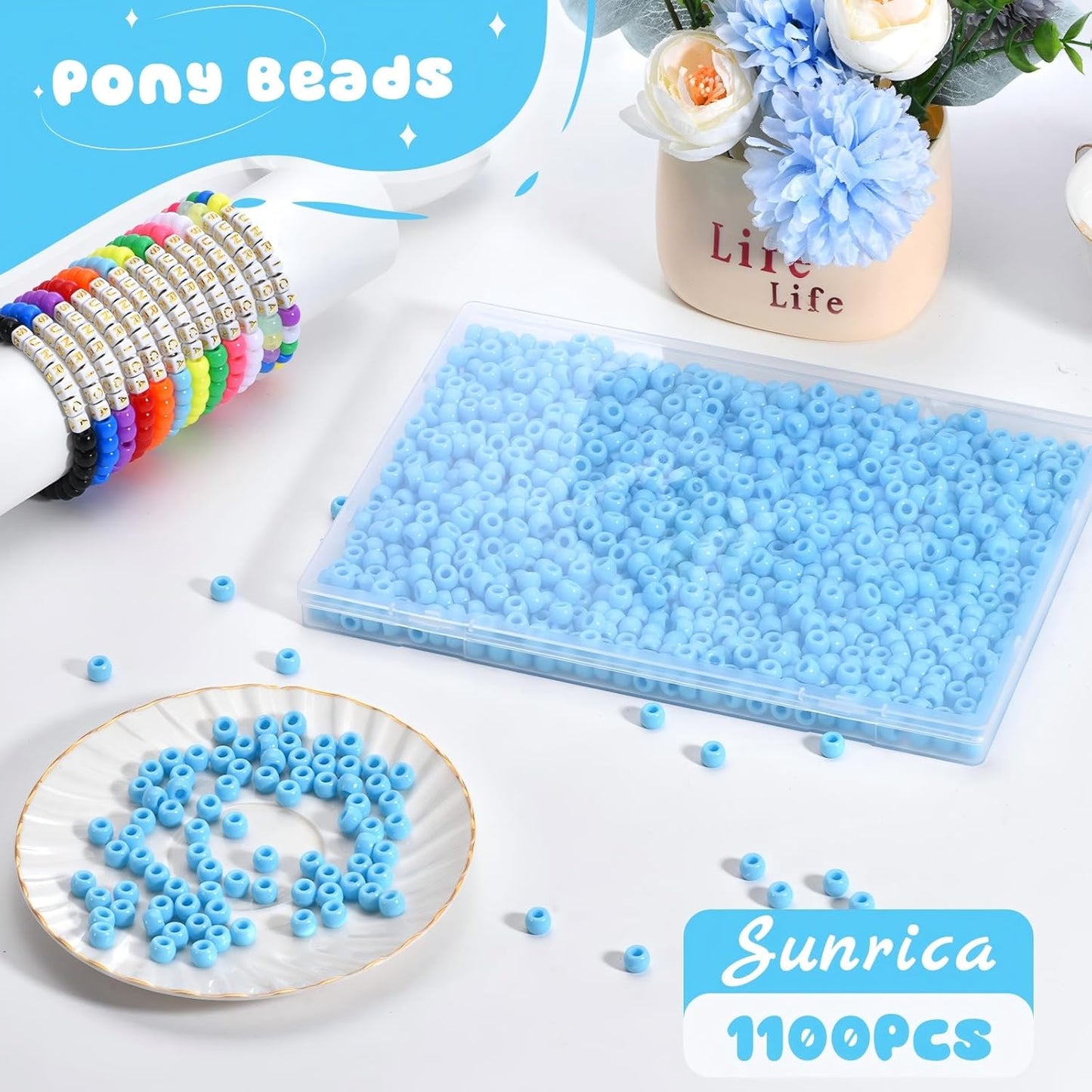 1100Pcs Red Pony Beads 6x9mm Large Hole Plastic Hair Beads for Braids, Kandi Bracelets, Keychains, Jewelry Making