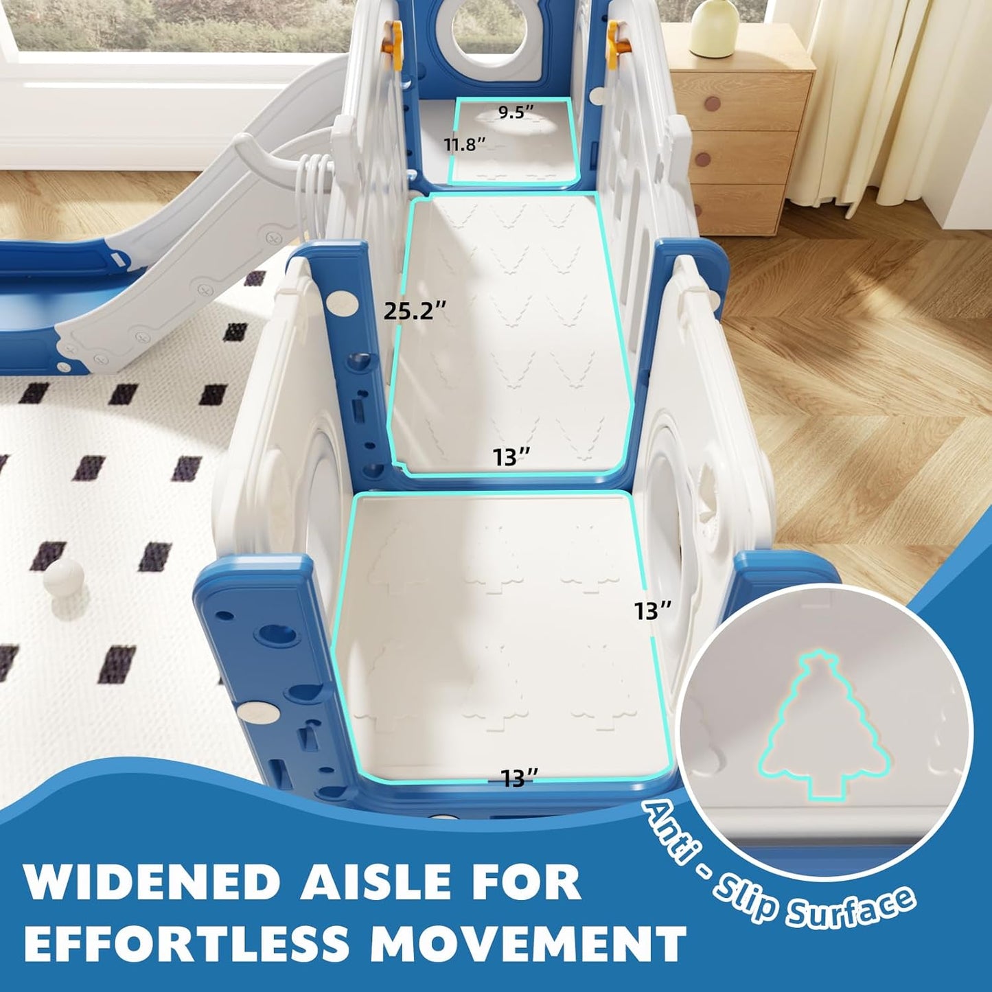 67i 10-in-1 Toddler Playground Set with Slide & Climber, Indoor Outdoor Play Gym for Toddlers 1-3, Quick Compact Setup Kids Playset with Basketball Golf Ring Toss Telescope Dino Area (Blue Gray)