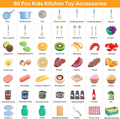 130Pcs Kitchen Playset, Toddler Pretend Cooking Play Pots, Pans, Utensils Cookware, Daily Food Fruit Veges, Shopping Storage Basket, Dessert, Prop Money, Learning Gift for Child (Pink)