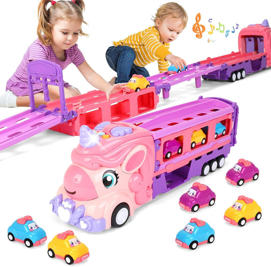 Car Toys for 3 4 5 6 Years Toddler Girl, Unicorn Transport Truck, Foldable Race Track Car with Light & Sound, Unicorn Friction Powered Toy Car with 6 Assorted Cars, Birthday Gift for Kids Age 3-6