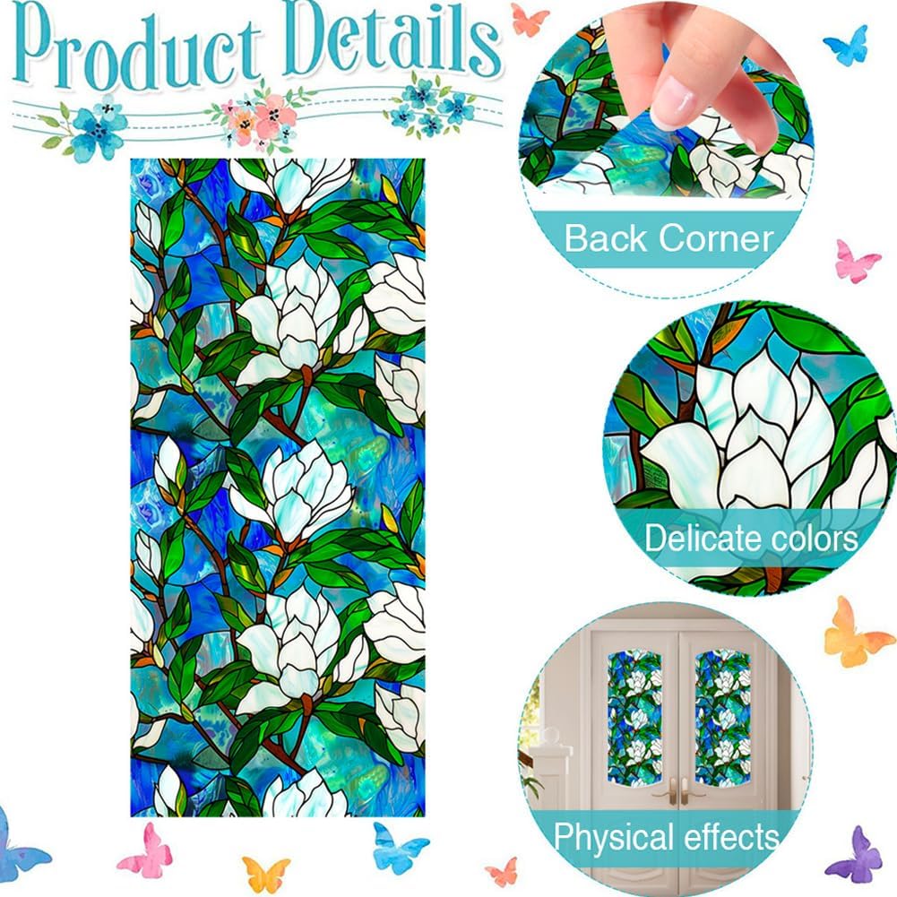 JOONOR Privacy Window Film Stained Glass Window Sticker Non-Adhesive Frosted Glass Film Decorative Magnolia Flower Pattern Static Cling Decals for Home UV Blocking/Heat Insulation 17.7 x 39.4 Inch