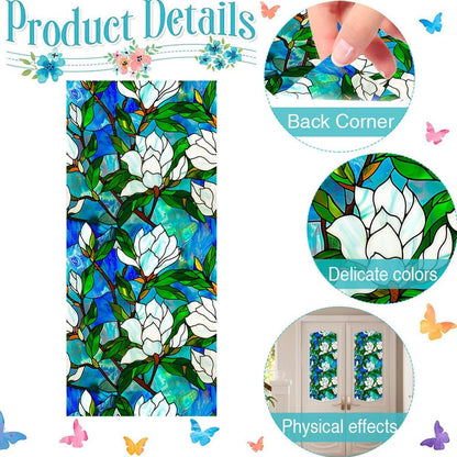 JOONOR Privacy Window Film Stained Glass Window Sticker Non-Adhesive Frosted Glass Film Decorative Magnolia Flower Pattern Static Cling Decals for Home UV Blocking/Heat Insulation 17.7 x 39.4 Inch