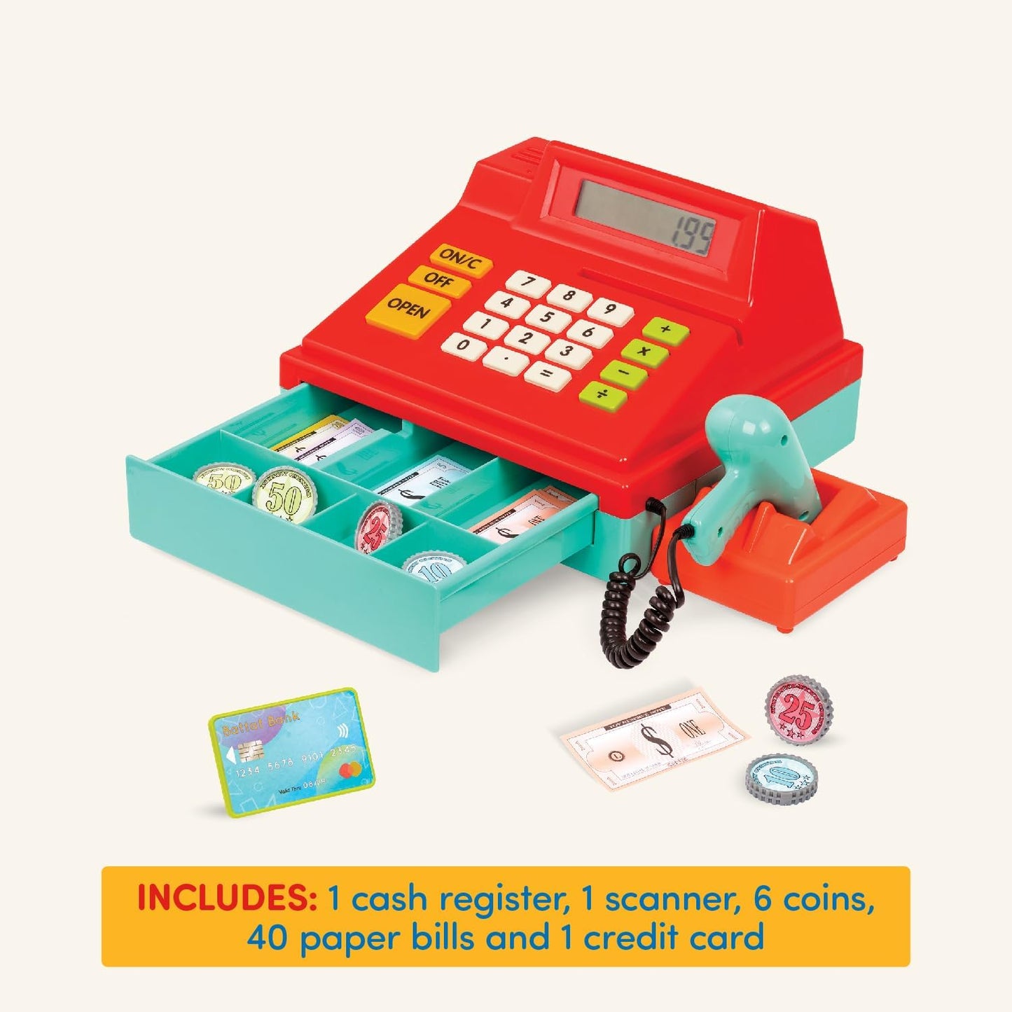 Battat – Interactive Kids Cash Register with Scanner & Sounds – 26 Pieces Pretend Play Shopping Set with Light – Up Scanner, Play Money & Card – Educational Toy for Learning & Fun – 3+ Years