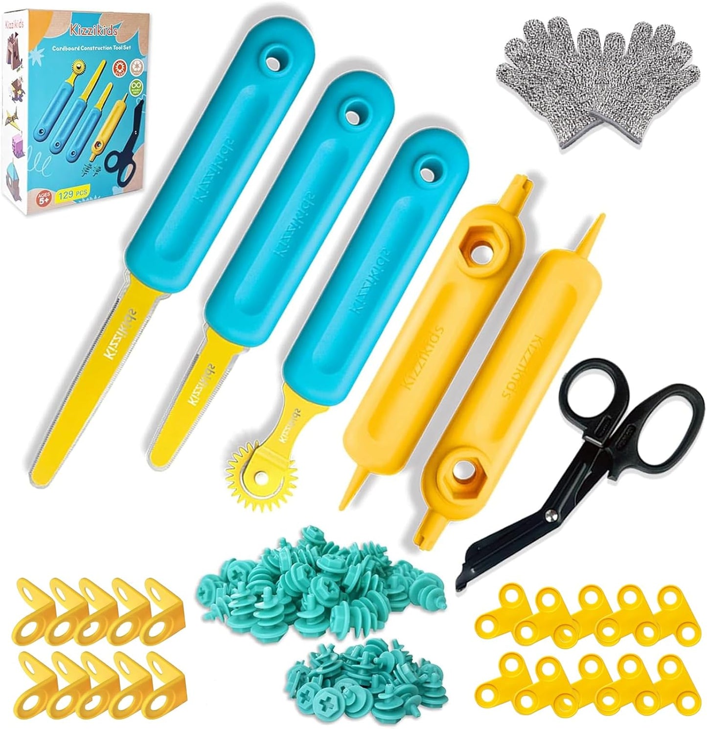 Kizzikids Cardboard Tools for Kids with Cutter &Tool Box, 149 PCS Cardboard Construction Kit for Family & Team Activities, Creative STEM Educational Toys Gift for Boys and Girls Aged 5+