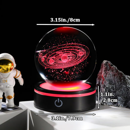 YWHL 3D Solar System Crystal Ball 80mm with Light Base, Laser Engraved Glass Planet Solar System Model Sphere Night Light Decor Space Universe Astronomy Gifts for Women Men Teens Boys and Girls