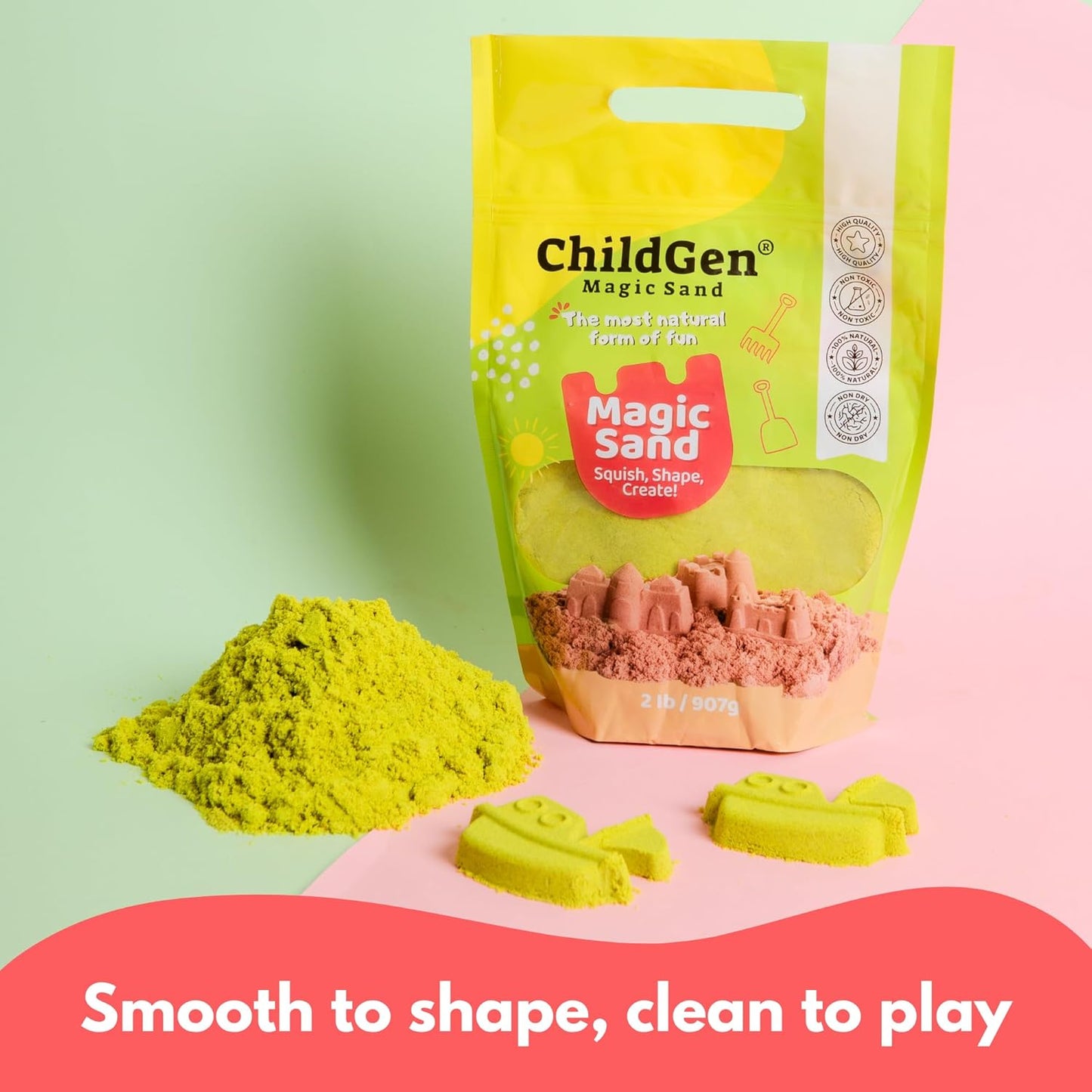 ChildGen Magic Sand, 2lbs Natural Sea Sand in Resealable Bag, Non-Toxic Play Sand for Kids, Soft, Moldable, Mess-Free Sensory Play (Green)