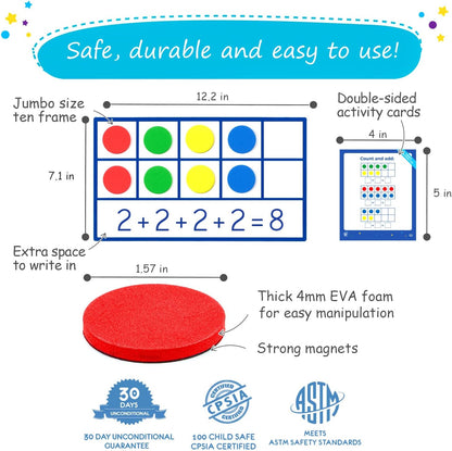 130 PCS Jumbo Magnetic Ten Frame Set, Ten Frames Class Set, Math Manipulatives for Kindergarten, PreK, Preschool, Math Counters, Games for Kids, Magnetic Counters, Teacher and Homeschool Supplies