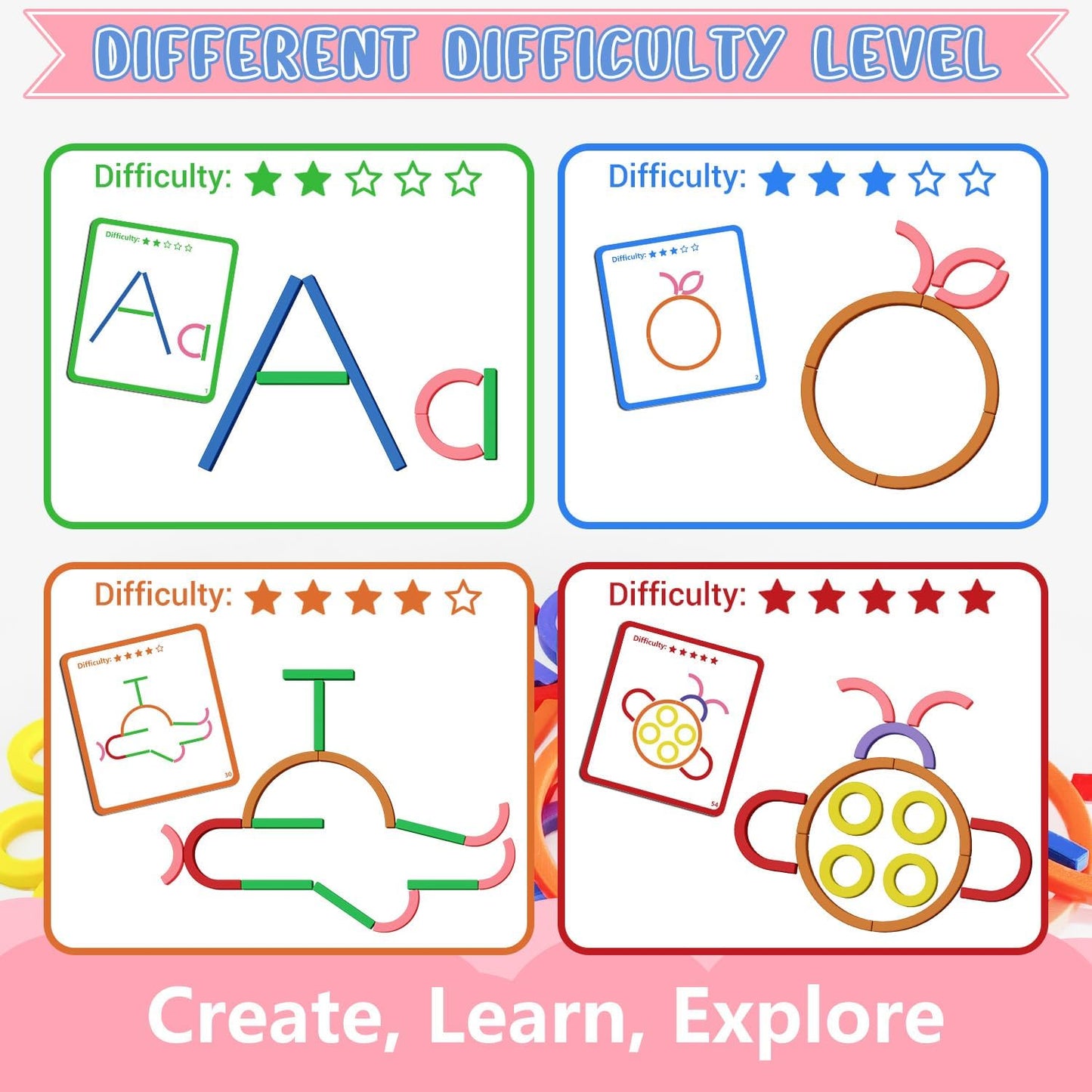 STEM Toys for Creative Learning Sticks & Rings Shape Building Blocks 160PCS Pattern Blocks Puzzle Educational Resources Montessori Toys for Preschool and Kindergarten Girls and Boys Ages 5+