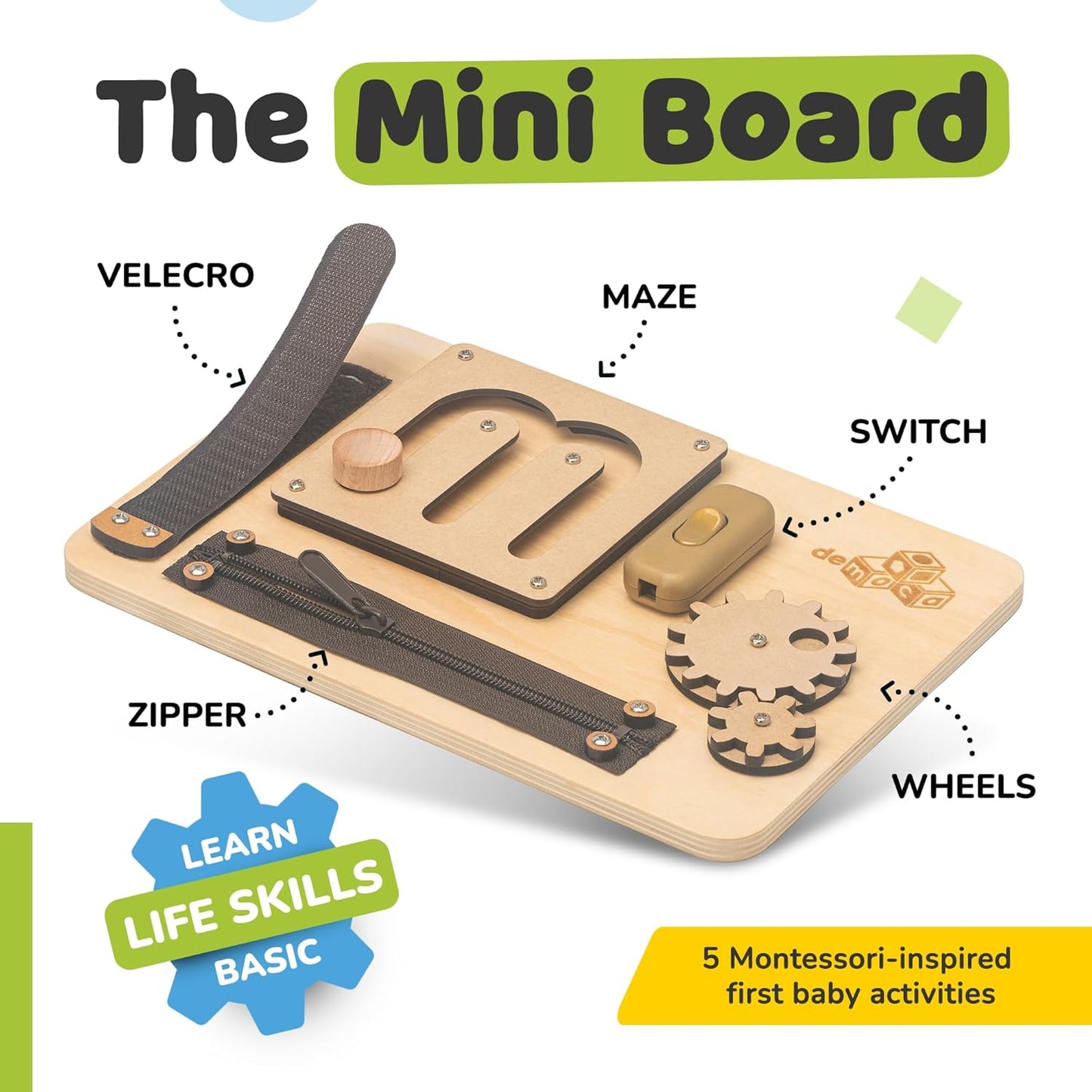 deMoca Toddler Busy Board for 1 Year Old, Travel Baby Wooden Montessori Busy Board for Toddlers 1–3, Switch and Fidget Activities for Early Motor Skills and Travel Play