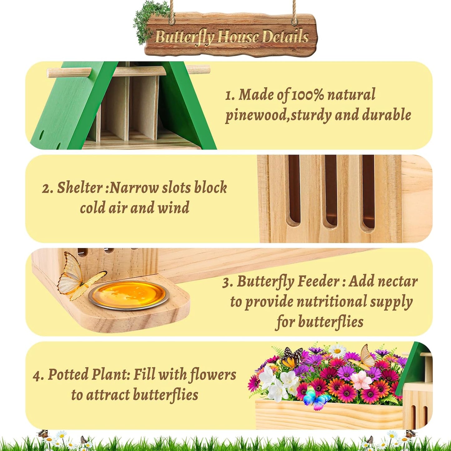 New Butterfly House and Feeder for Outside, Wooden Butterfly House with Metal Stake for Garden, Natural Butterfly Habitat with Butterfly Puddler on The Floor or Hanging on Tree Wall