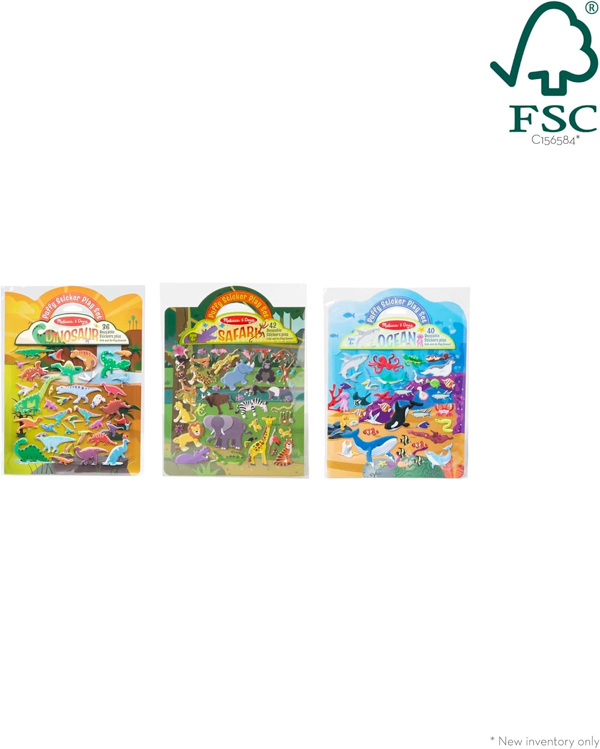 Melissa & Doug Puffy Sticker Activity Books Set of 3 – Dress-Up, Princess & Mermaid, with 208 Reusable Stickers and Fold-Out Scenes, Mess-Free Travel Toys for Kids Ages 4+ - FSC Certified
