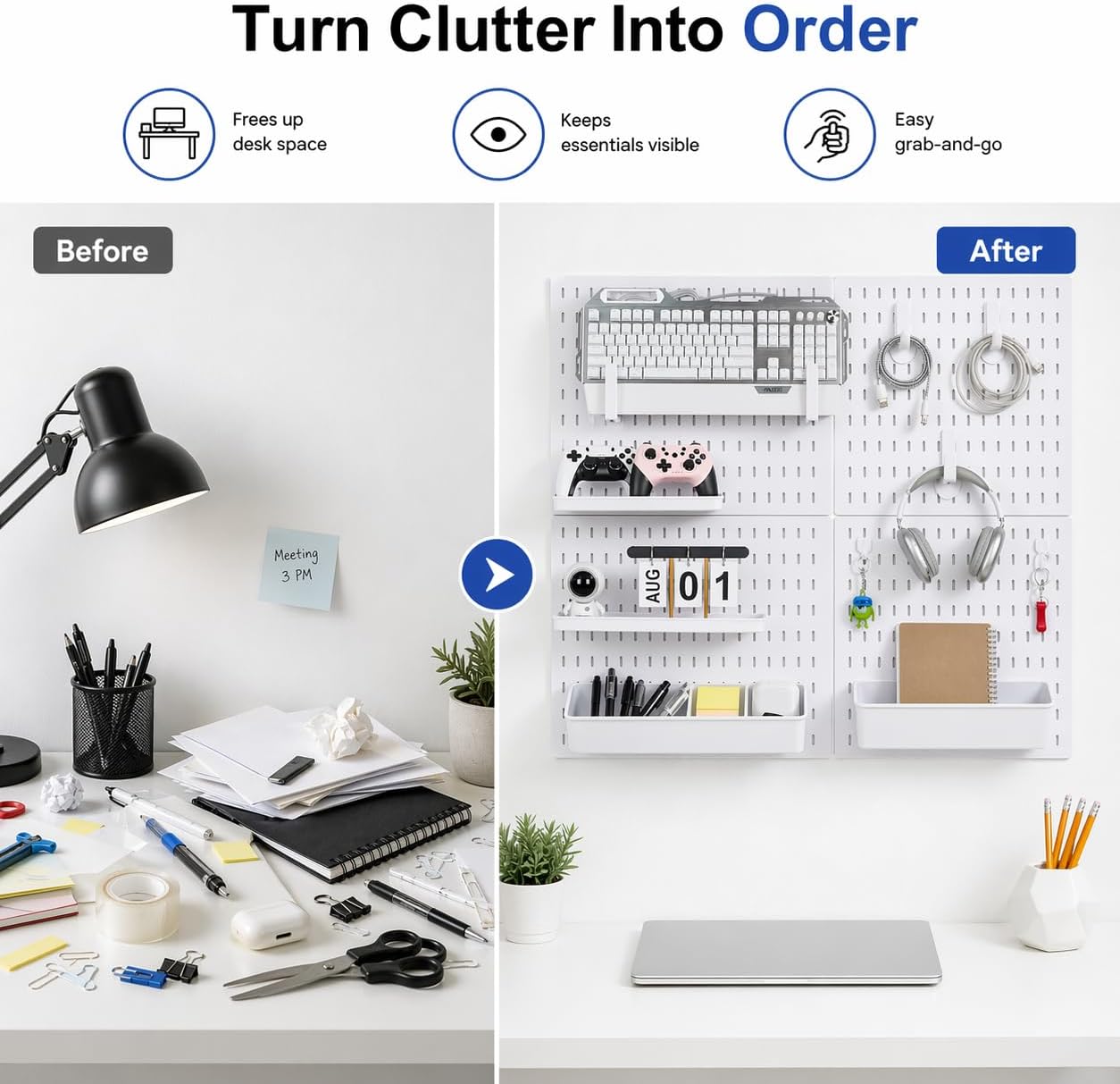 Pegboard Wall Organizer Kit – Heavy Duty 20lbs Load Bearing, Easy Installation, 4 Peg Board Panels 14 Accessories – Multi-Surface Use For Garage, Office, Kitchen & Crafts (White Pegboard,24″×24″)