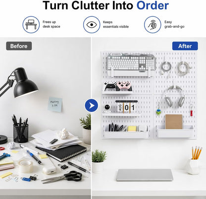 Pegboard Wall Organizer Kit – Heavy Duty 20lbs Load Bearing, Easy Installation, 4 Peg Board Panels 14 Accessories – Multi-Surface Use For Garage, Office, Kitchen & Crafts (White Pegboard,24″×24″)