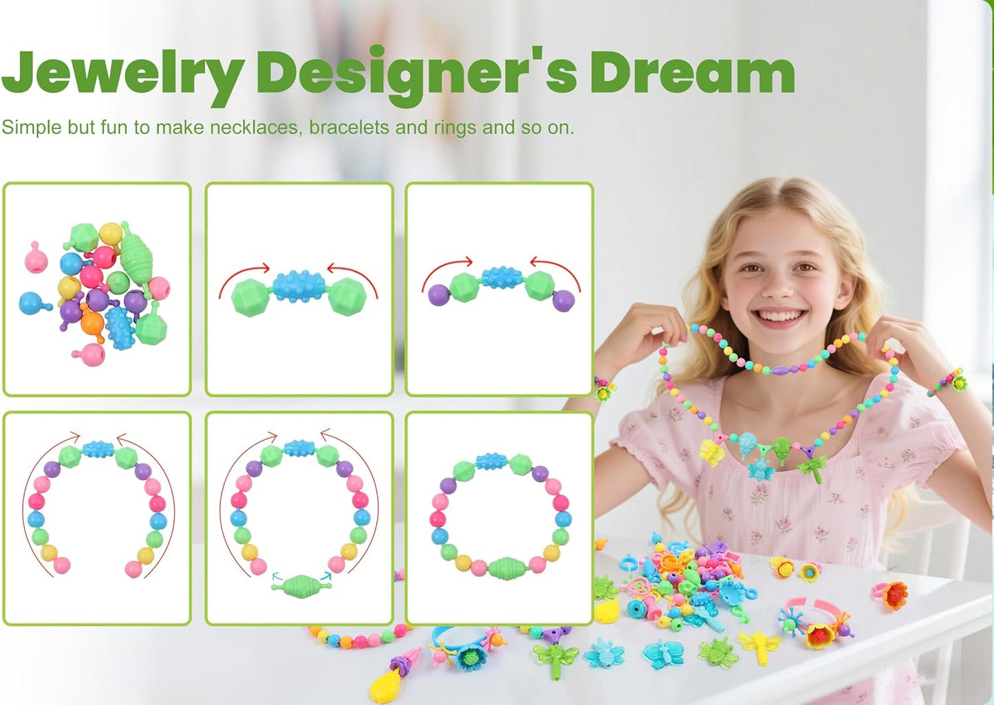 BIRANCO. Pop Beads, Jewelry Making Kit - Arts and Crafts for Girls 3-7 Years Old, Snap Beads Toys - Necklace, Bracelet, Ring Creative DIY Set - 520 pcs