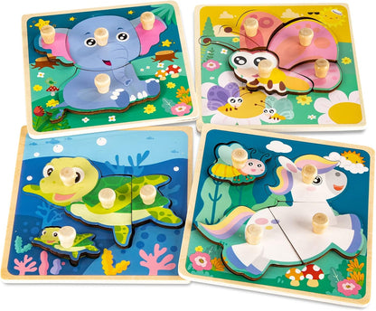 Wooden Puzzles for Toddler Peg Puzzle Toys, Wooden Jigsaw Puzzles Zoo Animal Patterns Puzzle with Handles Educational Montessori Puzzles