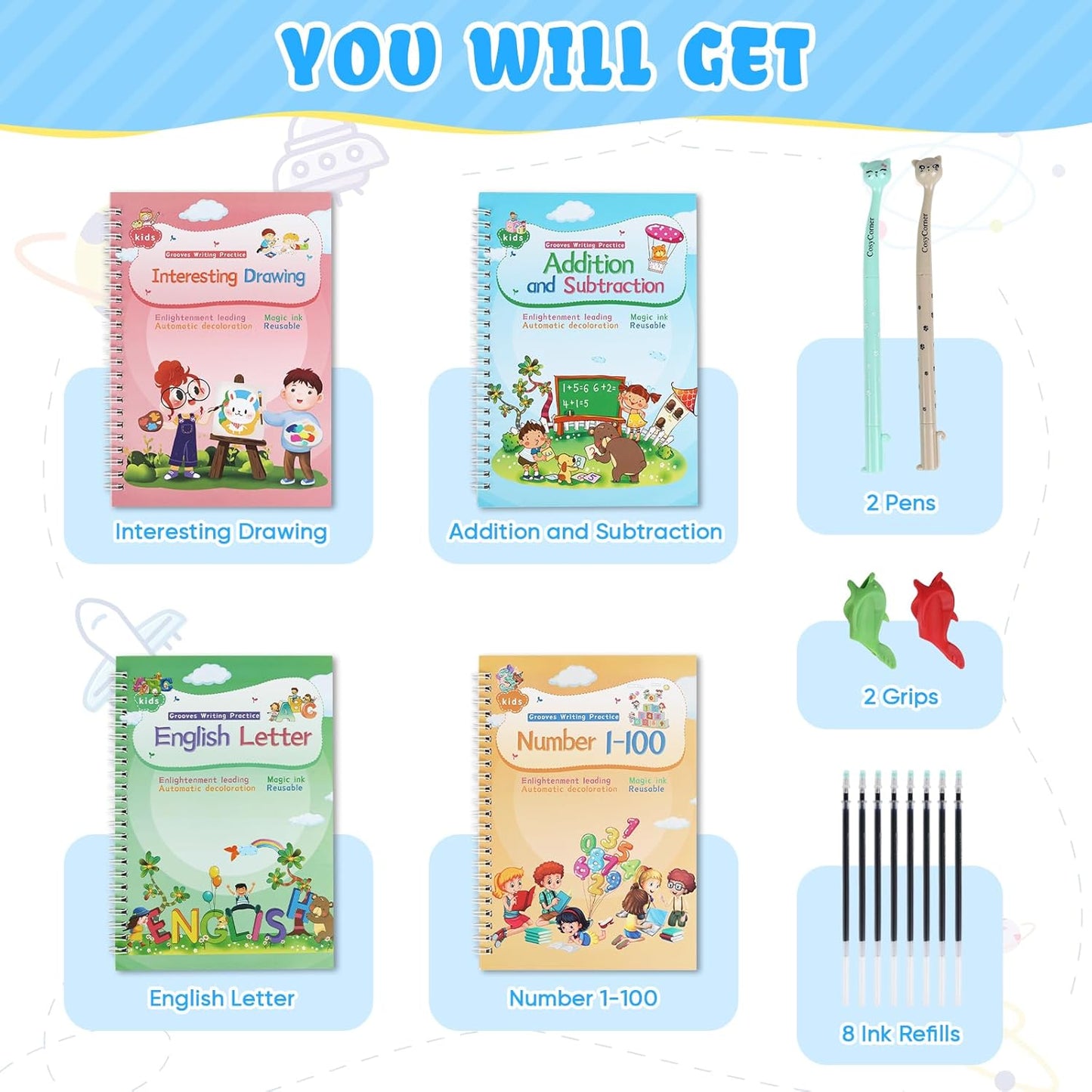 CosyCorner Magical Handwriting Workbooks Handwriting Practice Magic Copybook, Handwriting Aid Magic Pen Reusable Copybook Grooves Template Design for Children (6)